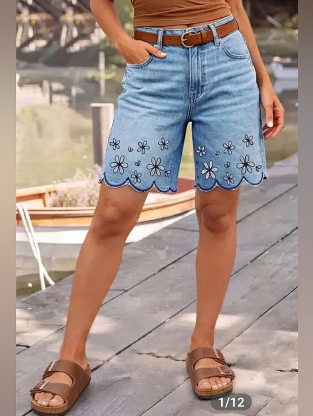 Flamingals Floral Embroidery Scallop Trim Mid Rise Denim Bermuda Shorts NWT
